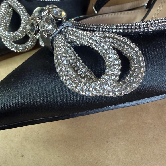 Hayixia Black Satin Rhinestone Bow Pointed Toe Ankle Strap Kitten Heels Sz. 7.5 - Picture 15 of 15